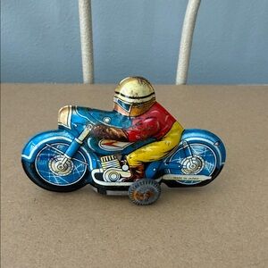 Vintage Small Tin Motorcycle Toy with Blue and Red Accents